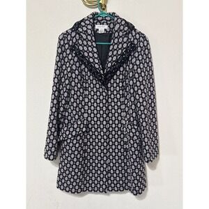 Nine West Wool Blend Coat Women M Purple Black Beaded Lapel Geometric Tweed